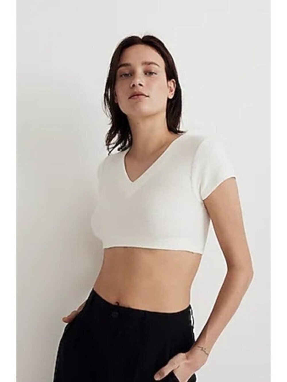 Madewell V Neck Crop Tee Thermal Waffle Knit in Lighthouse Size Large - Picture 2 of 7